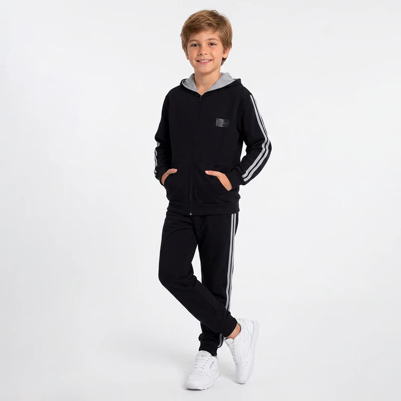 Conjunto Moletom Jaqueta com Capuz Masculino Infantil Randa Mundu 14 / Preto