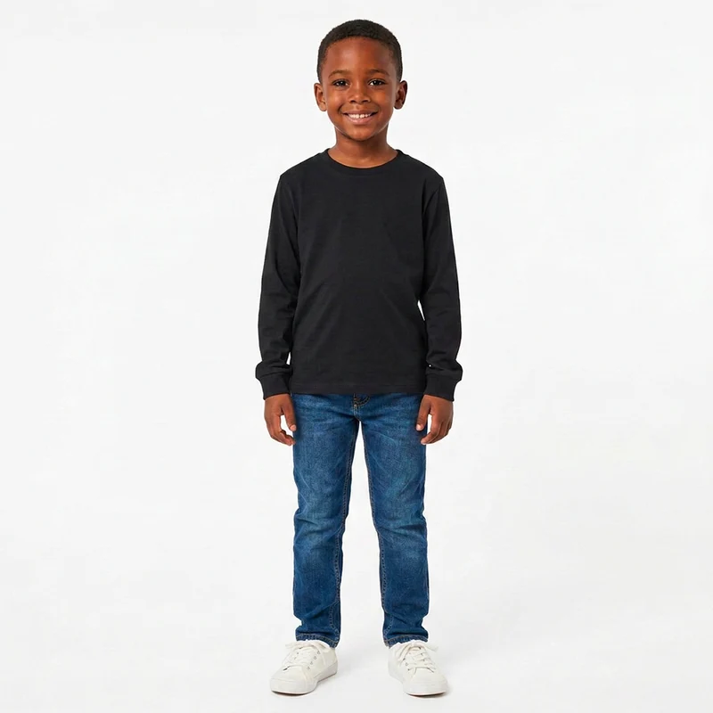 Camiseta Manga Longa Lisa Masculina Infantil Randa Mundu 12 / Preto