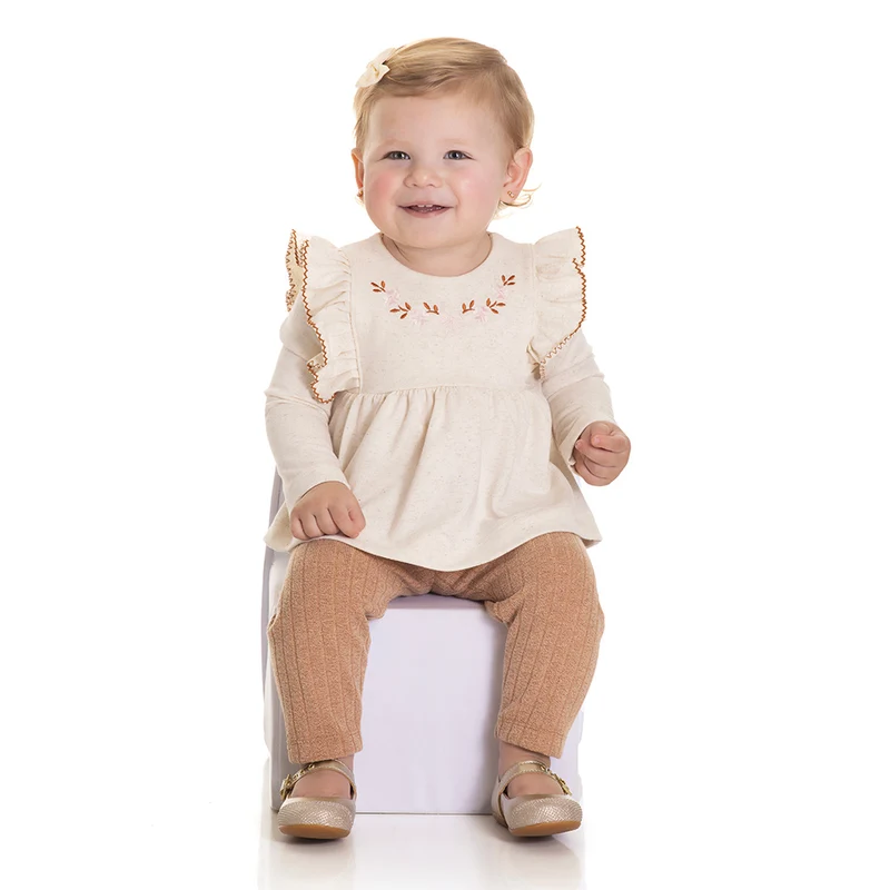 Conjunto Bata Manga Longa Bordado e Legging Tricot Feminino Bebê Randa Mundu M / Linho