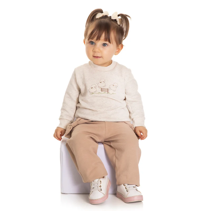 Conjunto Molecotton Peluciado Ovelhinhas Feminino Bebê Randa Mundu G / Linho