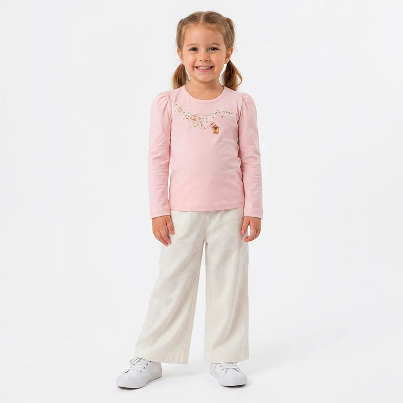 Camiseta Manga Longa Cotton Estampa e Strass Feminina Infantil Randa Mundu 01 / Rosa Cherry
