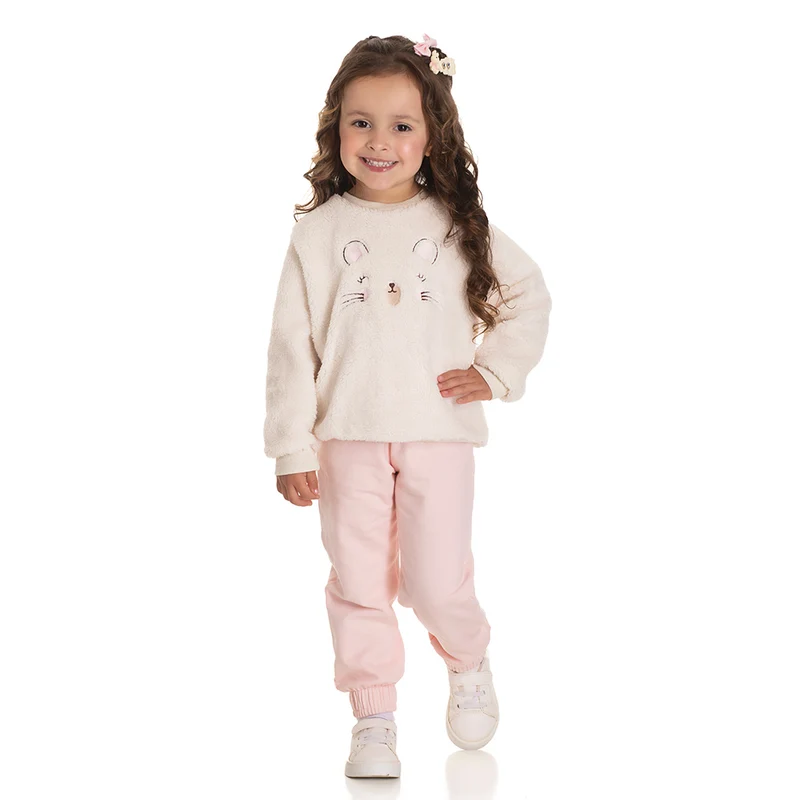 Conjunto Blusa Pelinho Bordada e Calça Moletom Feminina Infantil Randa Mundu 03 / Linhaça