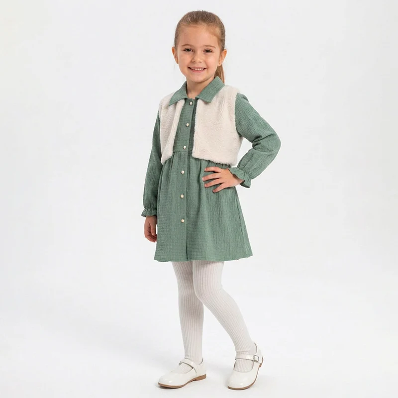 Conjunto Vestido Manga Longa Malha Anne com Colete de Pelo Feminino Infantil Randa Mundu 01 / Verde