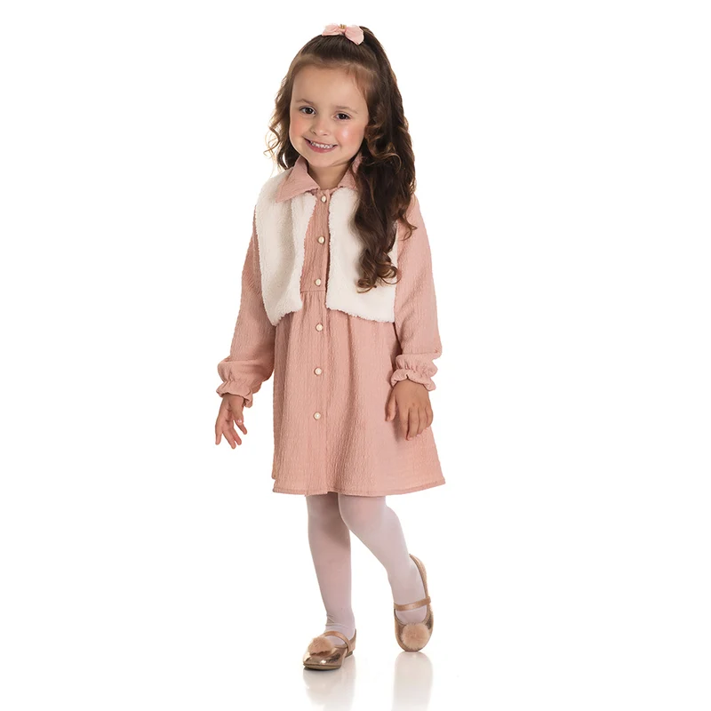 Conjunto Vestido Manga Longa Malha Anne com Colete de Pelo Feminino Infantil Randa Mundu 02 / Verde