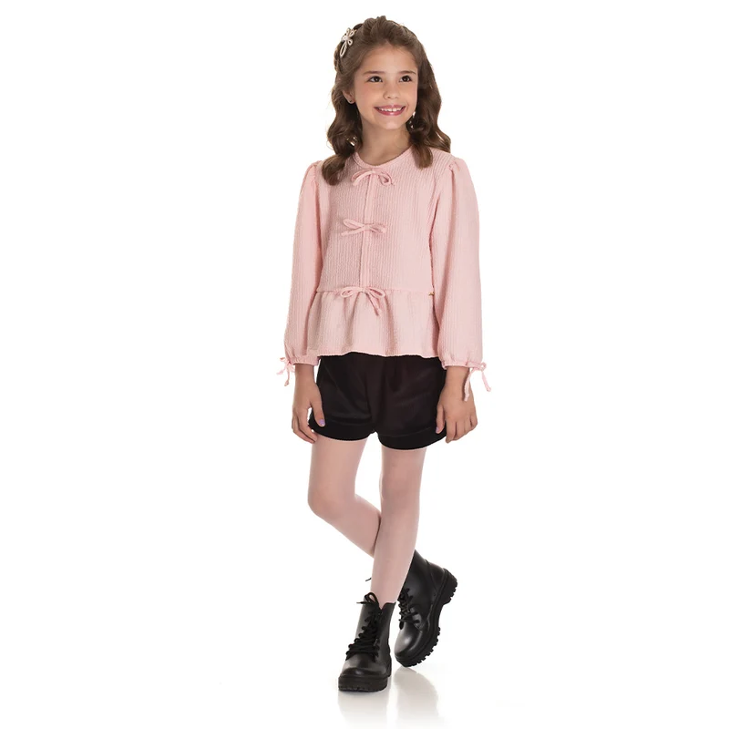 Blusinha Bata Manga Longa Anarruga Feminina Infantil Randa Mundu 04 / Rosa Nude