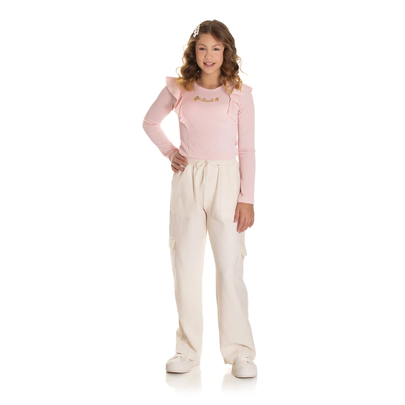 Blusinha Manga Longa Canelada Blessed Infantil Feminina Randa Mundu 12 / Rosa