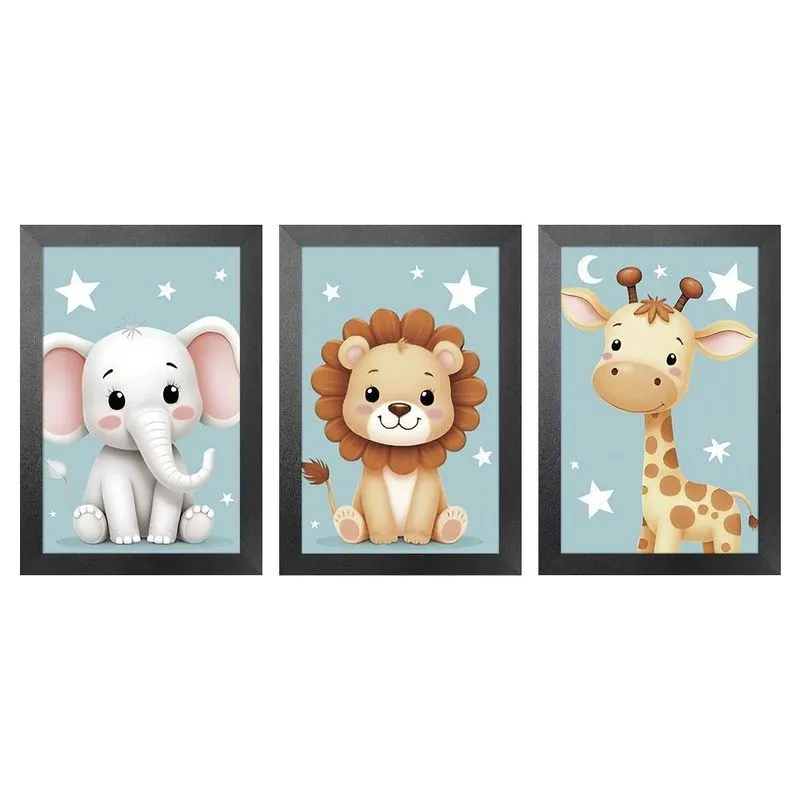Kit 3 Quadros 20x30 Infantil Safari Estrelas Moldura Preta