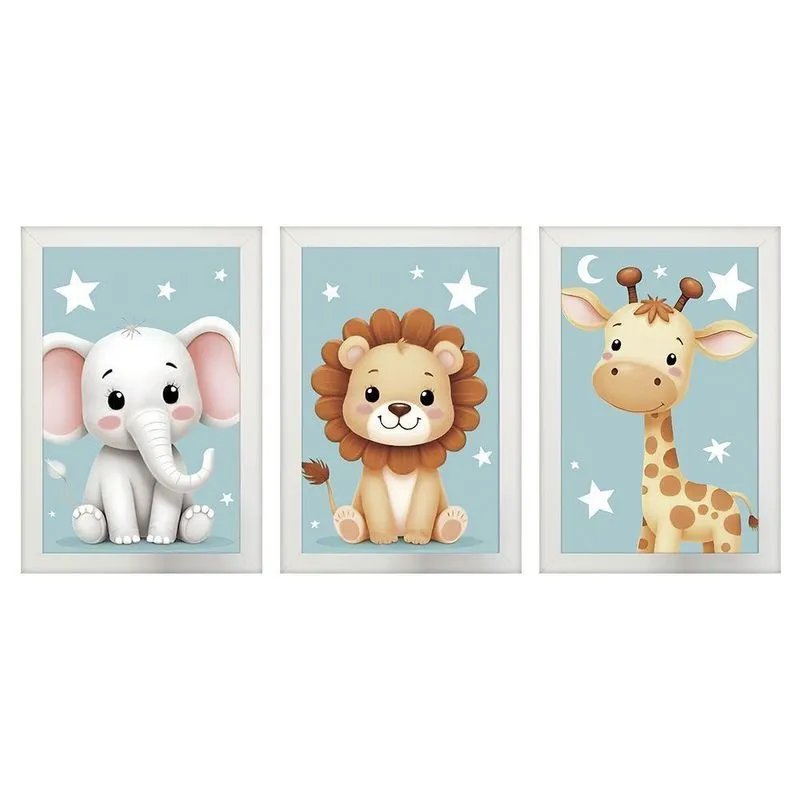 Kit 3 Quadros 20x30 Infantil Safari Estrelas Moldura Branca