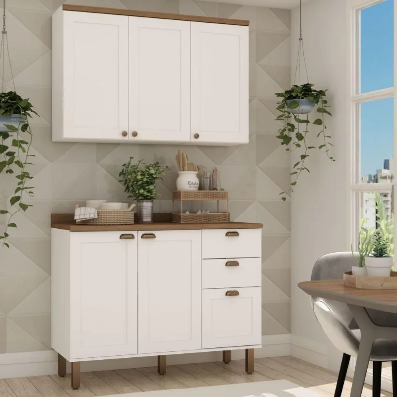 Cozinha Compacta 2 Peças Iluminata 5 Portas 3 Gavetas MDF MDP 120CM Verde Mint e Ébano Genialflex