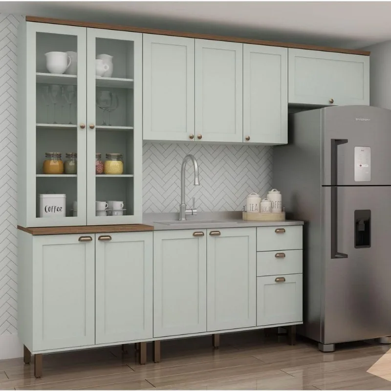 Cozinha Completa Iluminata 10 Portas 3 Gavetas MDF Verde Mint e Ébano Genialflex Móveis