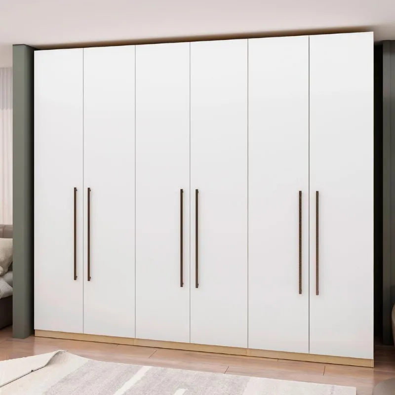 Guarda Roupa Casal 239 6 Portas Bater 3 Gavetas MDF com Cabideiros Laqueado Savana com Branco