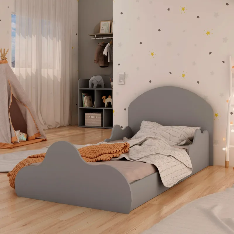Cama Infantil Montessoriana com Cabeceira 1,55m x 0,80m Proteção Lateral Nuvem 100% MDF