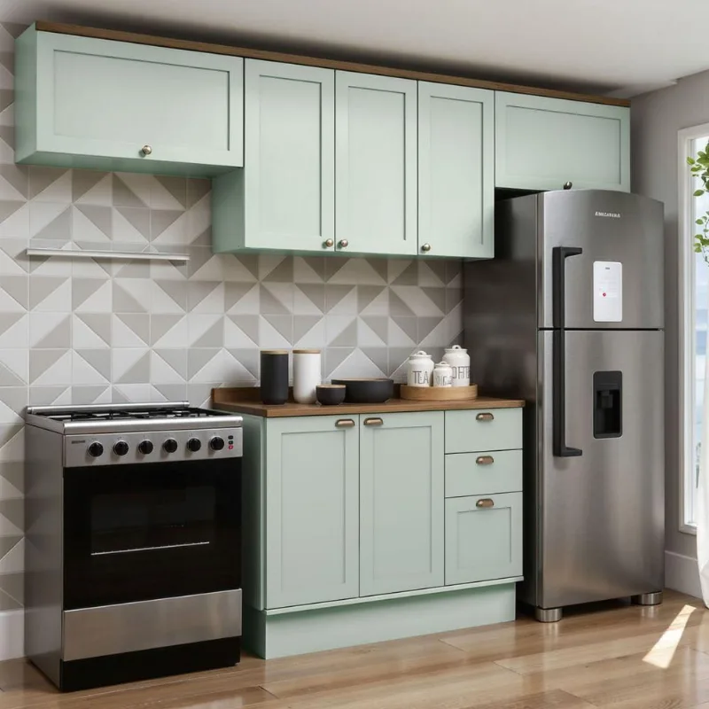 Cozinha Completa Iluminata 6 Portas 3 Gavetas MDF 280CM Verde Mint e Ebano Genialflex
