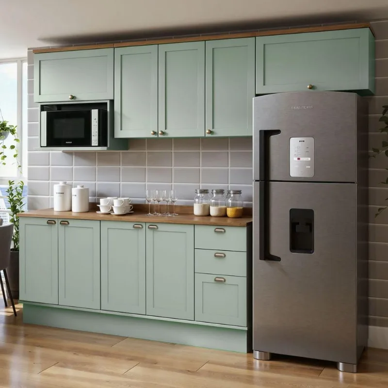 Cozinha Completa Iluminata 9 Portas 3 Gavetas MDF 280CM Verde Mint e Ébano