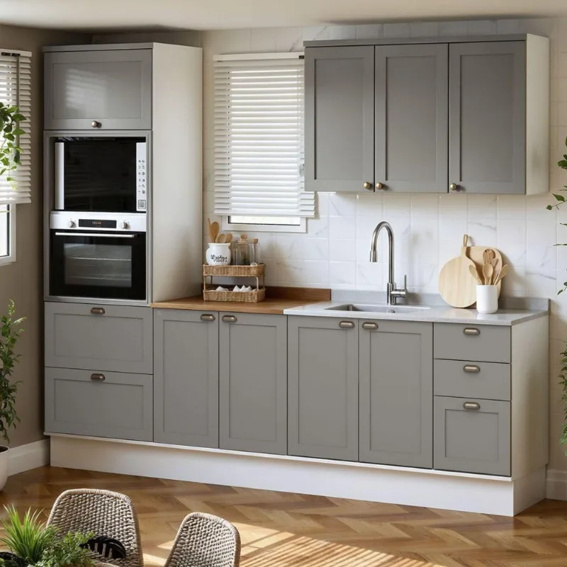 Cozinha Completa Iluminata 9 Portas 4 Gavetas MDF-MDP 270CM Branco e Fendi