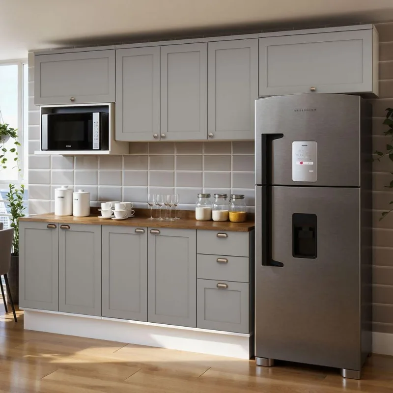 Cozinha Completa Iluminata 9 Portas 3 Gavetas MDF 280CM Branco e Fendi