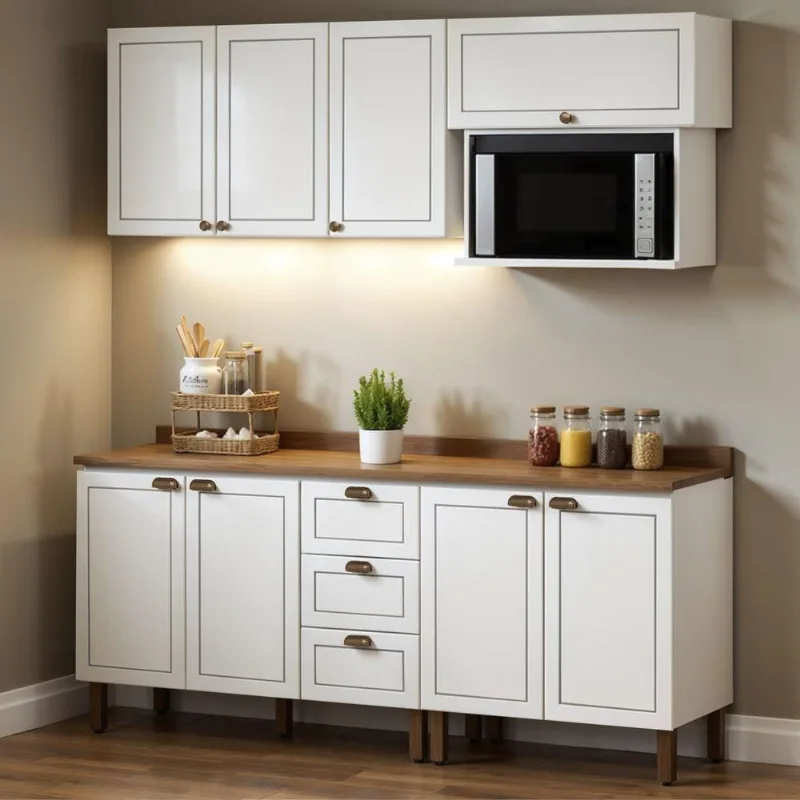 Cozinha Completa Americana 8 Portas 3 Gavetas MDF 200CM Branca e Ébano Genialflex Móveis