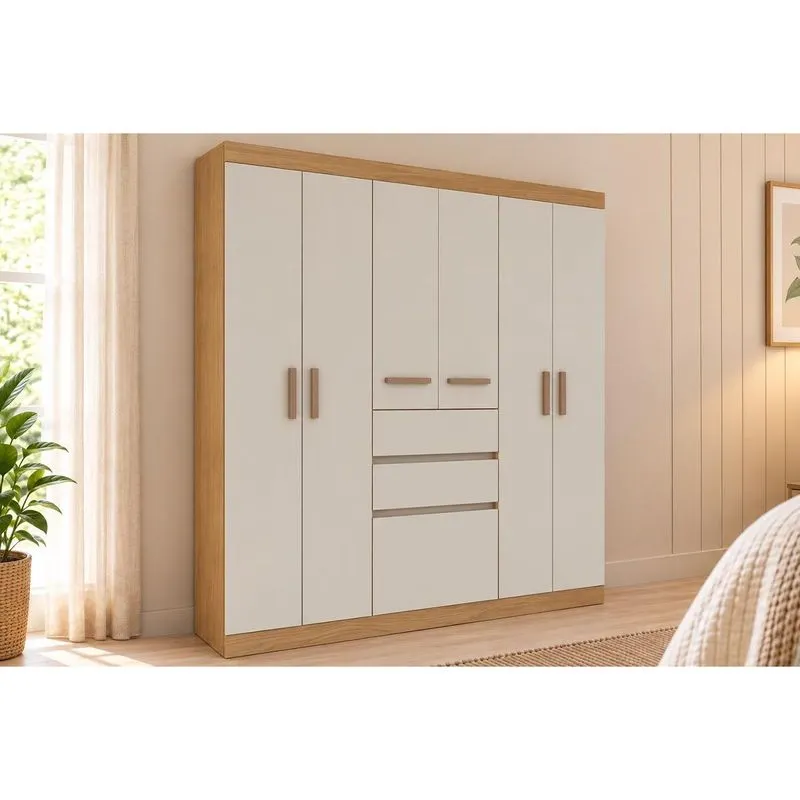 Guarda Roupa Casal 6 Portas 3 Gavs Berna Cinamomo Genialflex