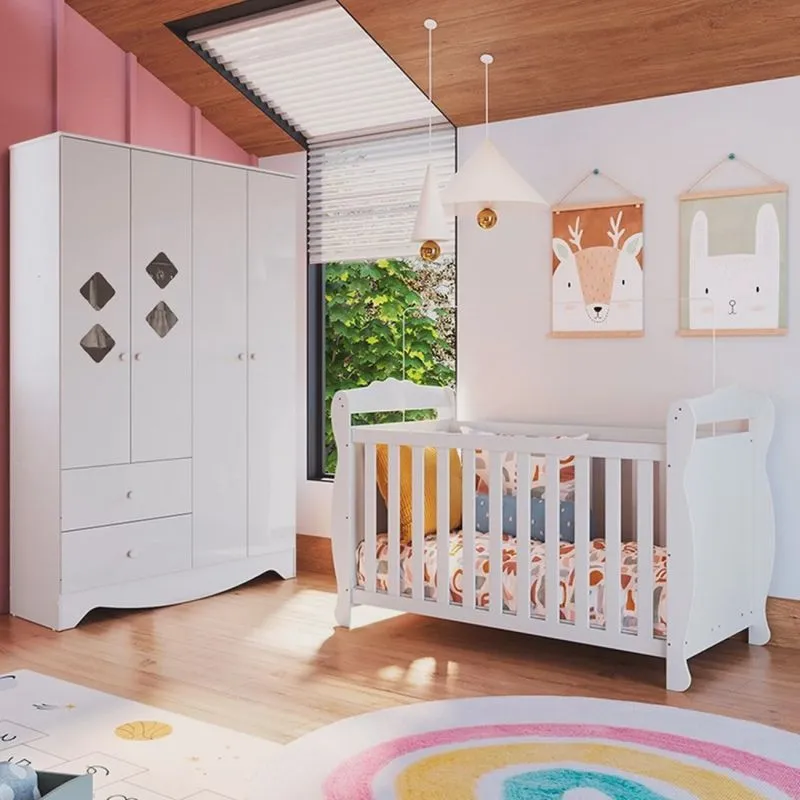 Quarto de Bebê com Guarda Roupa e Berço Cocada 100% mdf Espresso Móveis Branco Brilho