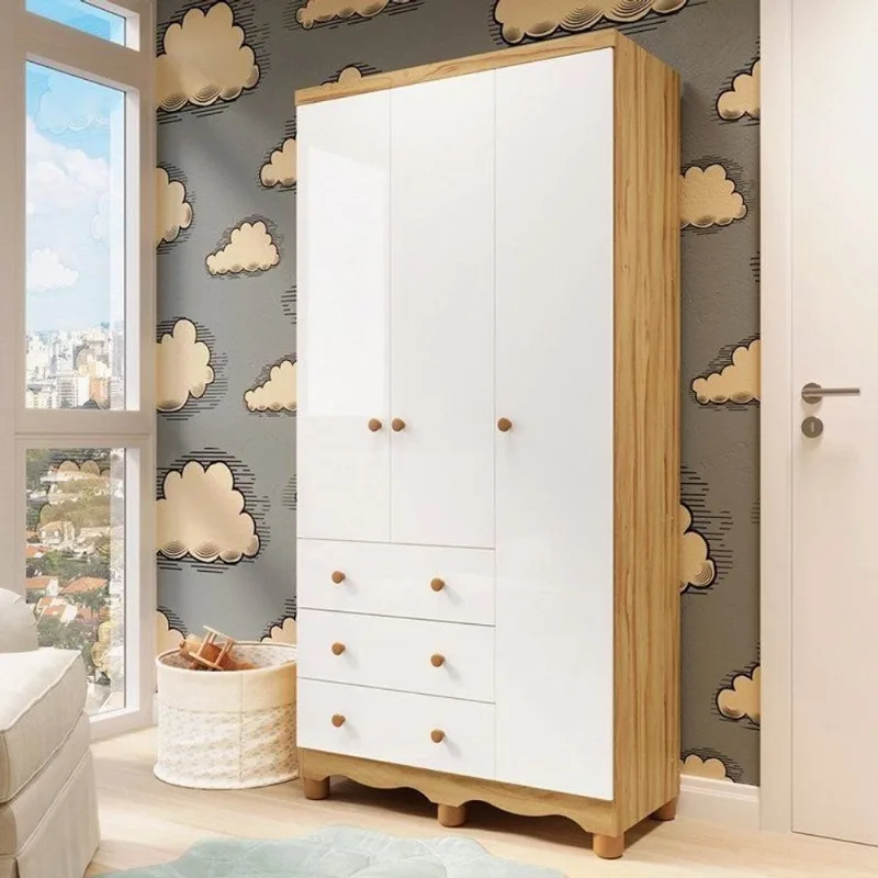 Guarda-Roupa Infantil 3 Portas e 3 Gavetas 100% MDF Mimo Espresso Móveis Branco Brilho/Amêndoa Branco Brilho/Amêndoa