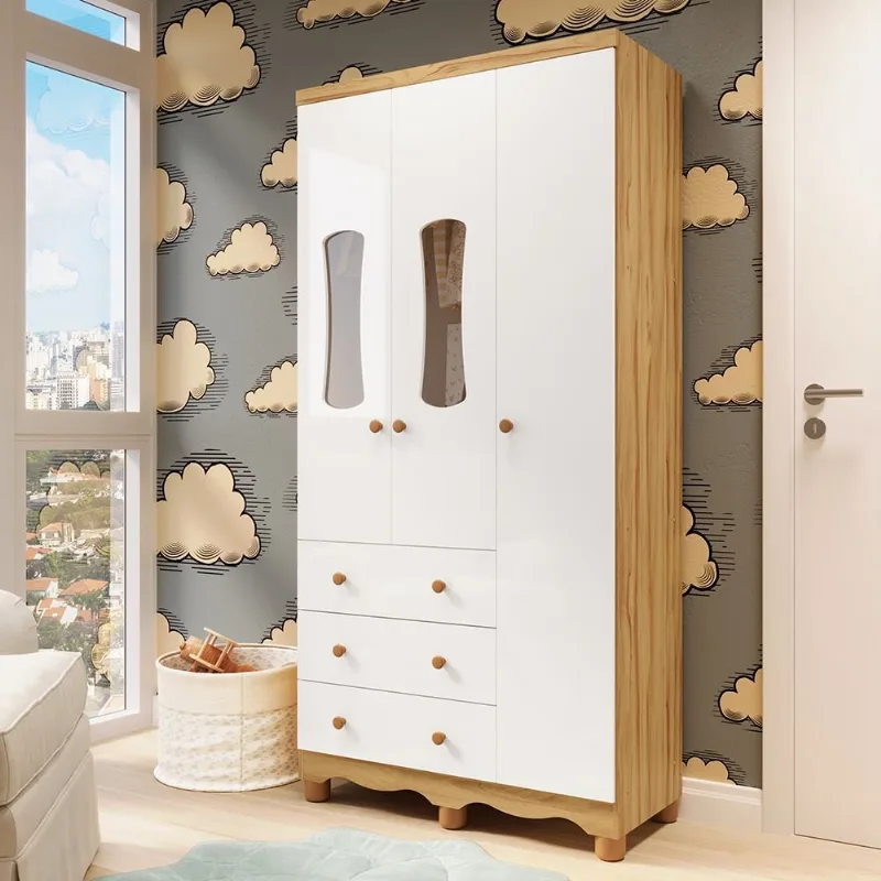 Guarda Roupas Infantil 3 Portas com Janela e 3 Gavetas 100% MDF Lana Espresso Móveis Branco/Brilho/ Branco Brilho/Amêndoa