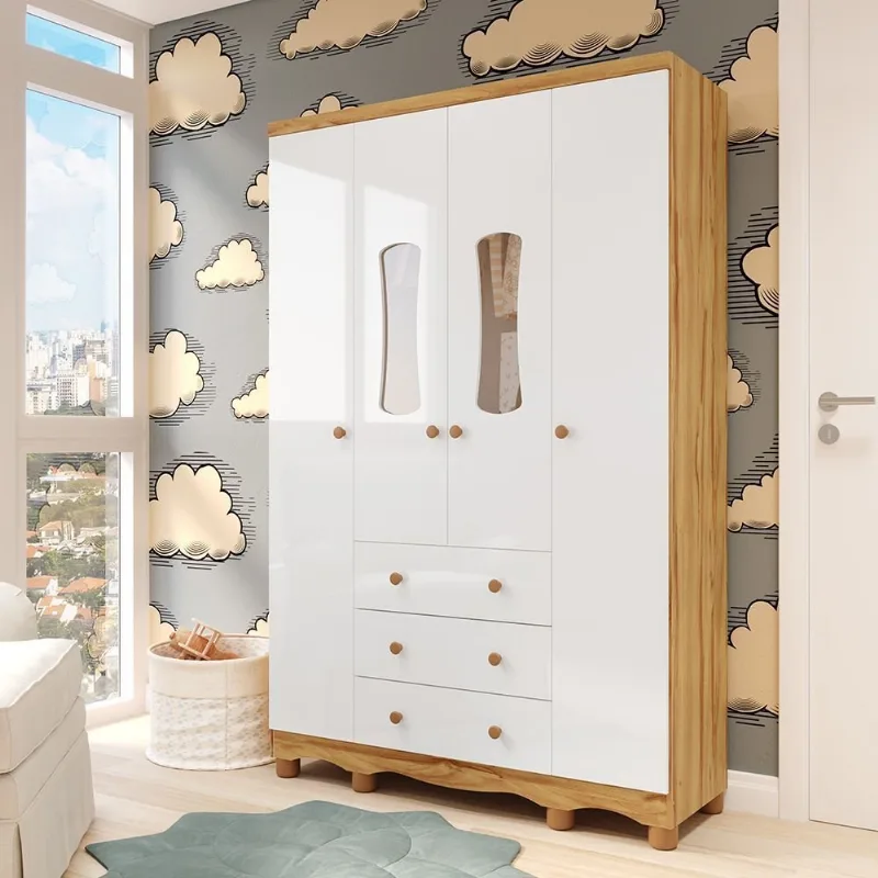Guarda Roupas Infantil 4 Portas com Janela e 3 Gavetas 100% MDF Lana Espresso Móveis Branco/Brilho/ Branco Brilho/Amêndoa