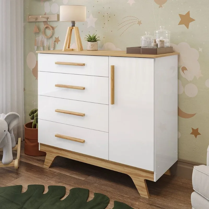Cômoda Infantil 1 Porta 4 Gavetas 119cm 100% MDF Kakau Retrô Yescasa Branco/Brilho/Amêndoa Branco Brilho/Amêndoa