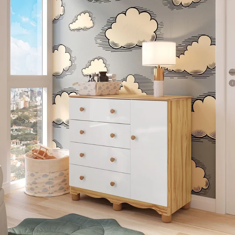 Cômoda Infantil 1 Porta 4 Gavetas 100% MDF Mimo Espresso Móveis Branco Brilho/Amêndoa Branco Brilho/Amêndoa