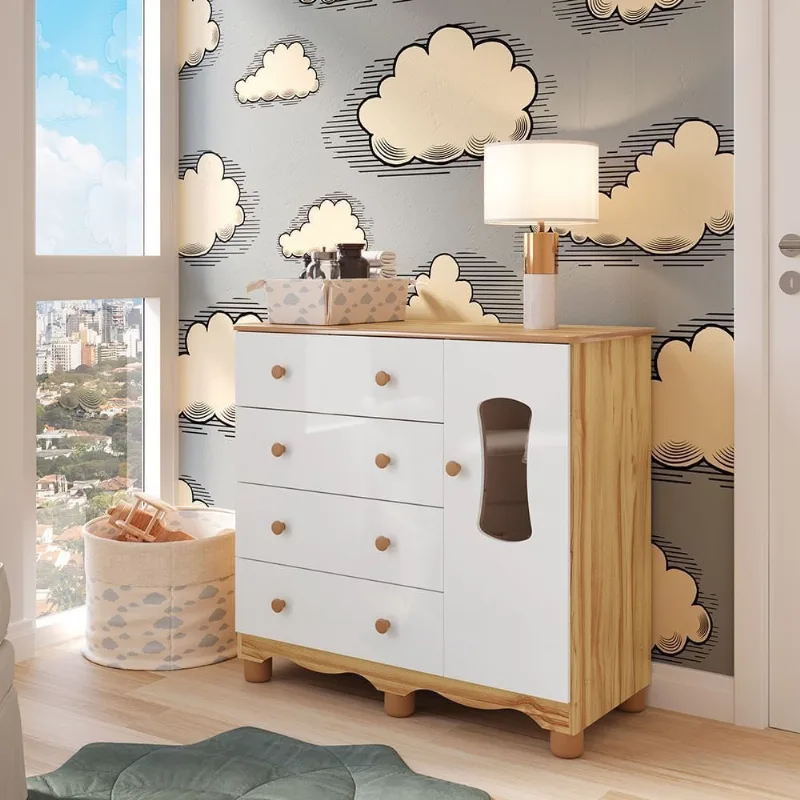 Cômoda Infantil 1 Porta com Janela e 4 Gavetas 100% MDF Lana Espresso Móveis Branco/Brilho/Amêndoa Branco Brilho/Amêndoa