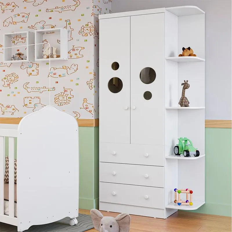 Guarda-Roupa Infantil Peroba Duda Plus com 2 Portas, 3 Gavetas, 5 Prateleiras e 86 cm de Largura Branco