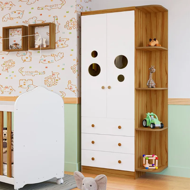 Guarda-Roupa Infantil Peroba Duda Plus com 2 Portas, 3 Gavetas, 5 Prateleiras e 86 cm de Largura Bege Claro