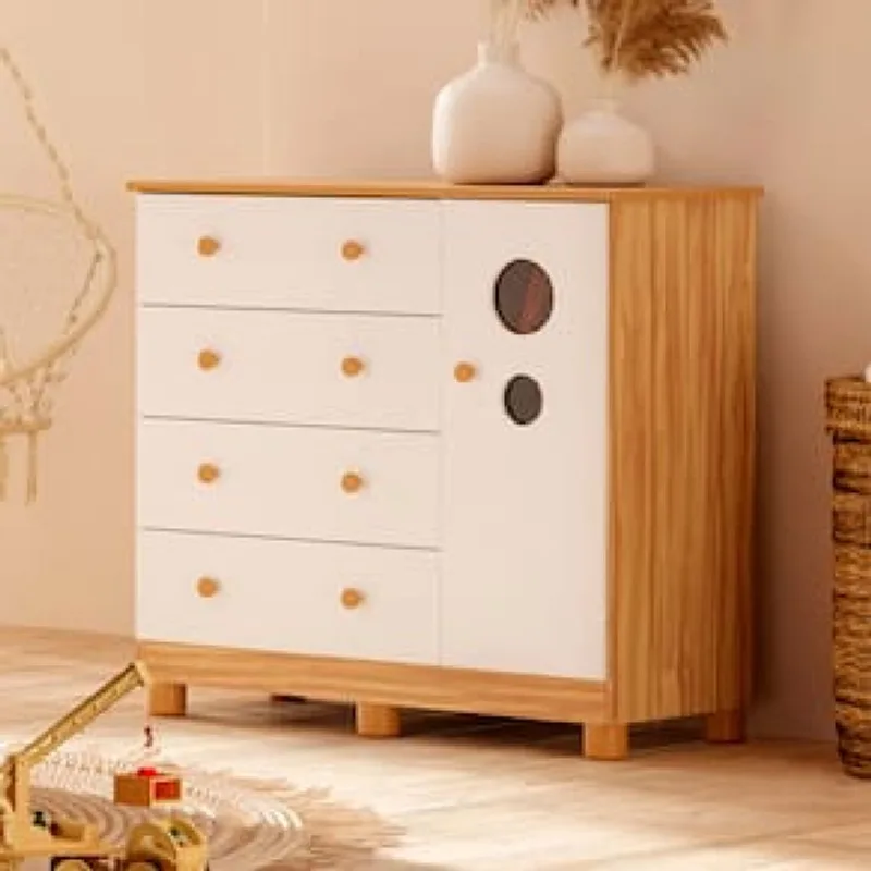 Cômoda Infantil Peroba Duda Plus com 1 Porta, 4 Gavetas, 1 Prateleira e 95,3 cm de Largura Bege Claro