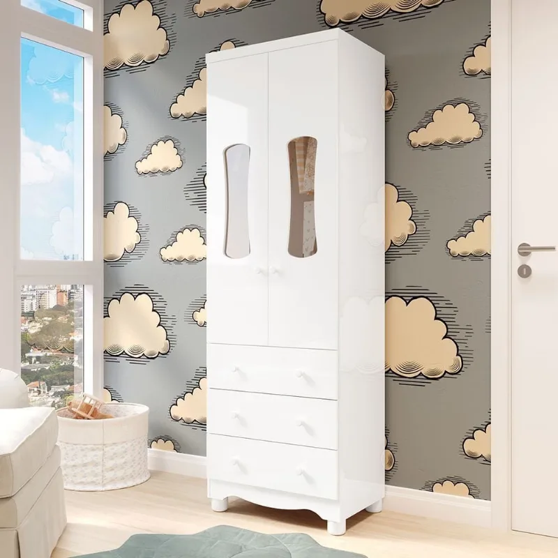 Guarda Roupas Infantil 2 Portas com Janela 3 Gavetas 100% MDF Lana Espresso Móveis Branco/Brilho Branco Brilho