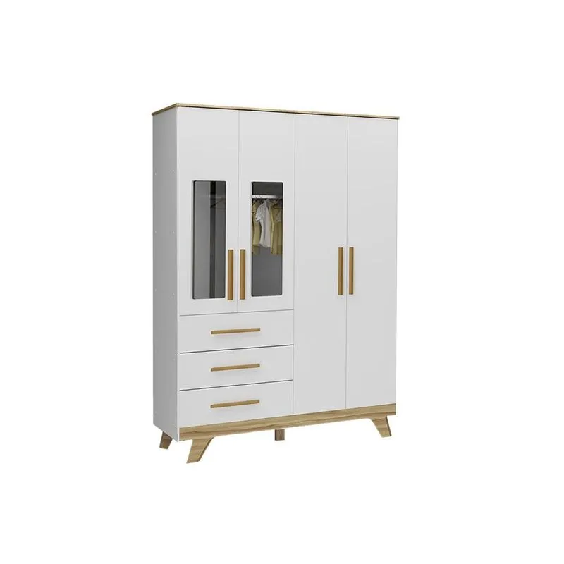 Guarda Roupa Infantil c/ 4 Portas (2 Cristal) e 4 Gavetas Retrô Branco/Amendoa - Peroba