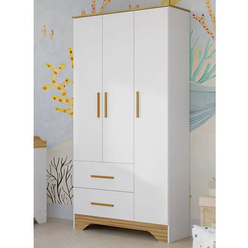 Guarda Roupa Infantil 3 Portas 2 Gavetas MDF Popy Retro Peroba