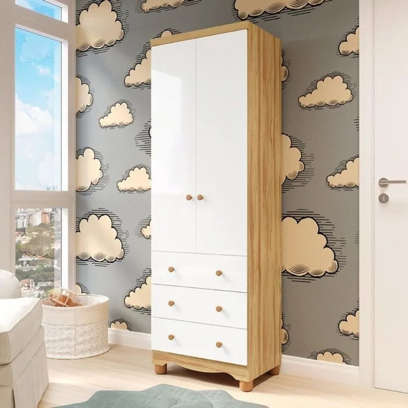 Guarda-Roupa Infantil 2 Portas e 3 Gavetas 100% MDF Mimo Espresso Móveis Branco Brilho/Amêndoa Branco Brilho/Amêndoa