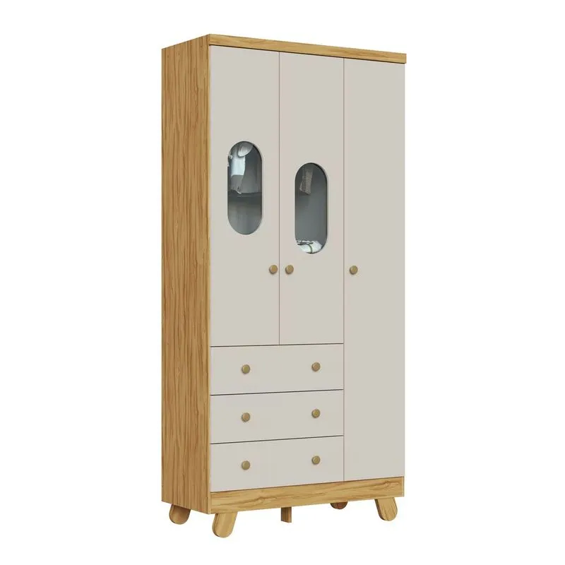 Armário Pingo 3 Portas Janela Amêndoa Off White - Peroba