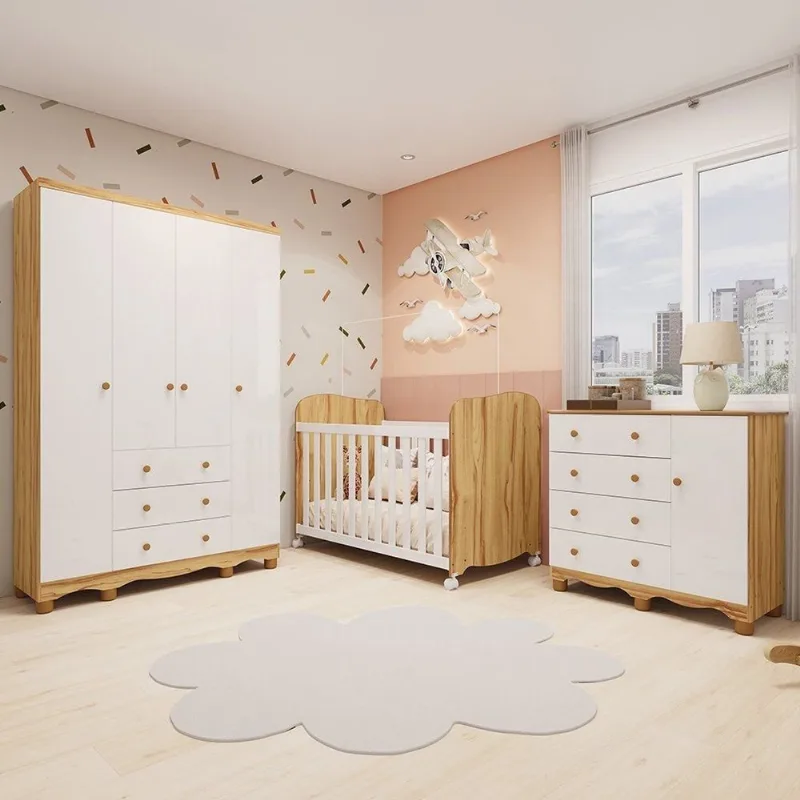 Quarto de Bebê Guarda-Roupa 4 Portas Cômoda e Berço MDF Mimo Espresso Móveis Branco Brilho/Amên Branco Brilho/Amêndoa