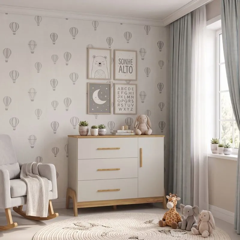 Cômoda Infantil Retrô 3 Gavetas 1 Porta Em MDF Guti Móveis Peroba