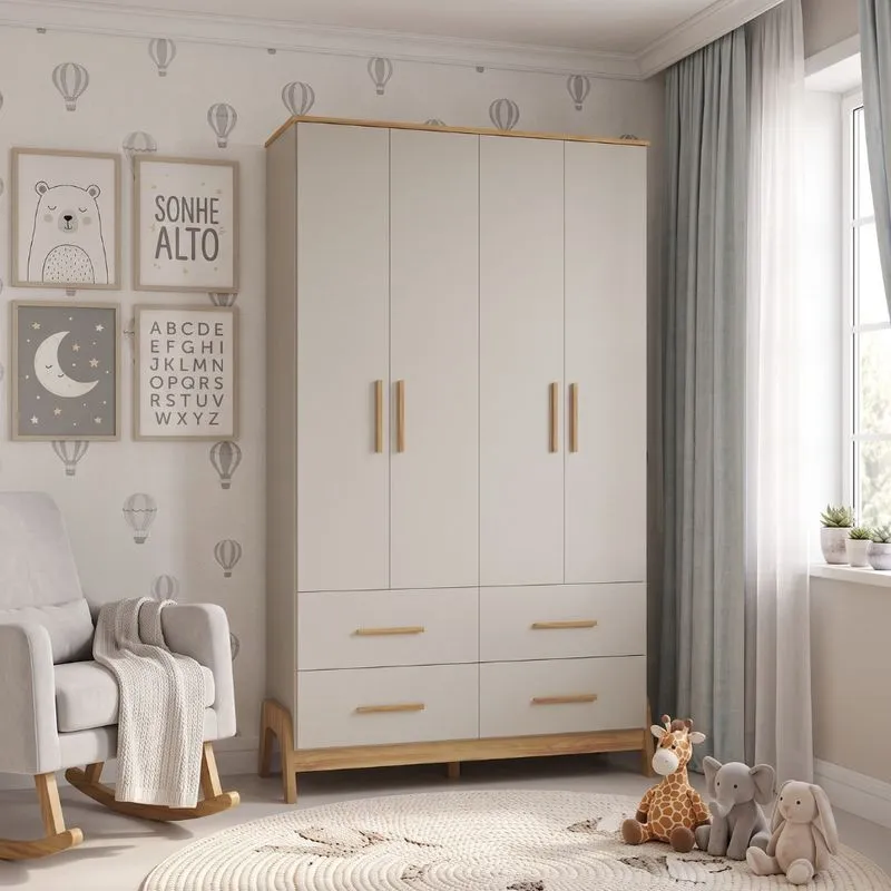 Guarda Roupa Infantil Retrô 4 Portas 4 Gavetas Em MDF Guti Móveis Peroba