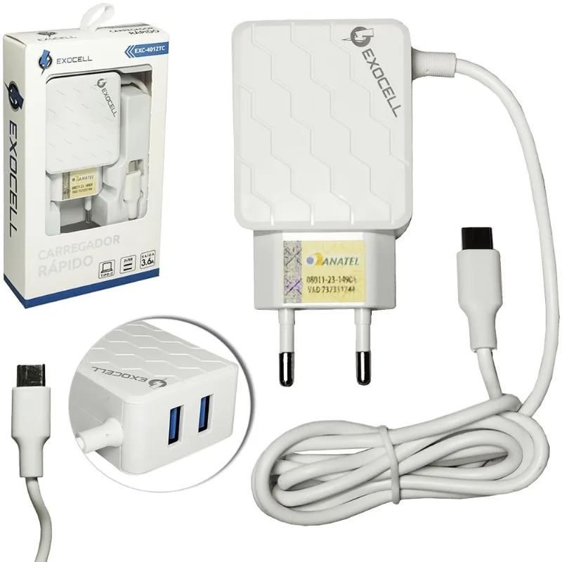 Carregador de tomada bivolt rápido 2 saídas USB 3.6A E cabo tipo C exocell