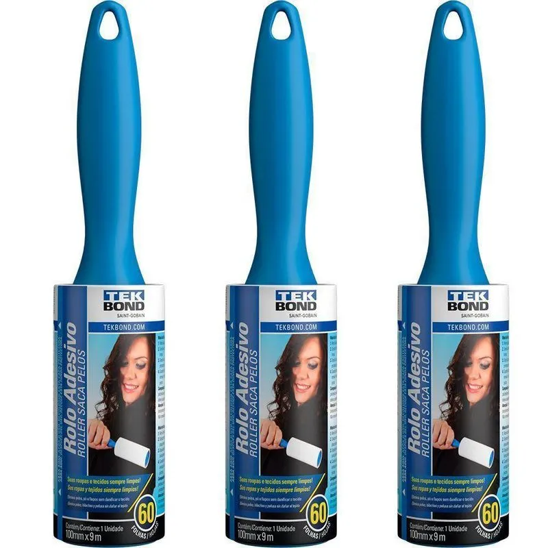Kit 3 Rolo Adesivo Tira Pelos 100mm 60 Folhas Tekbond