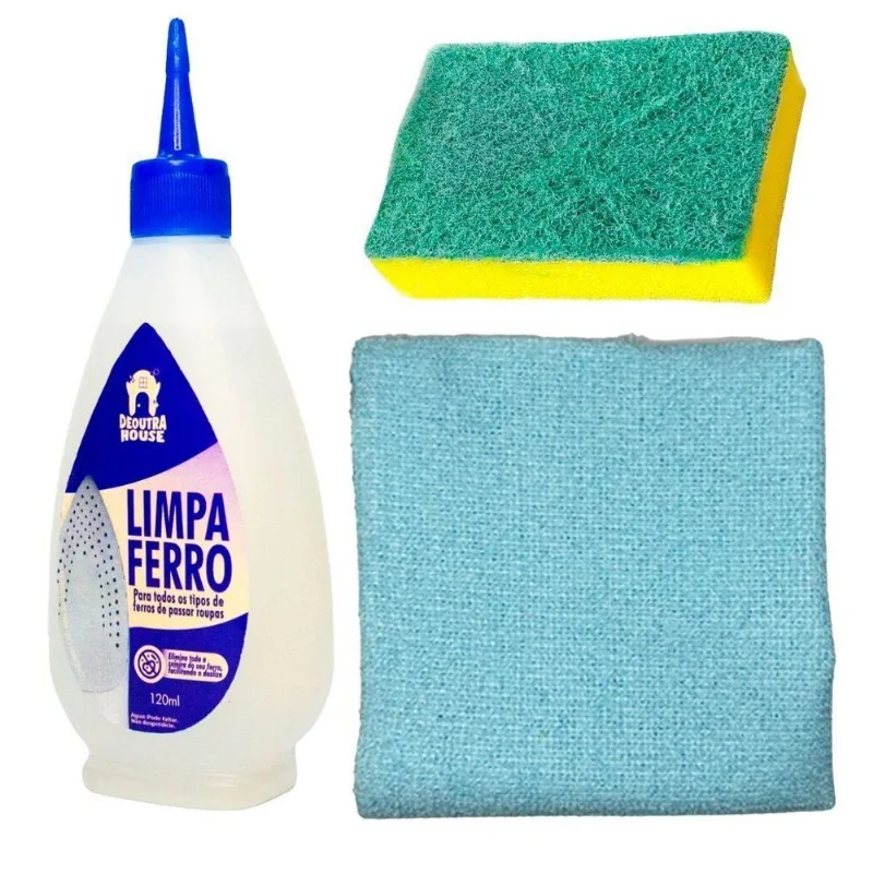 Kit Limpeza De Ferro Passar Roupa Pano Azul Claro E Esponja
