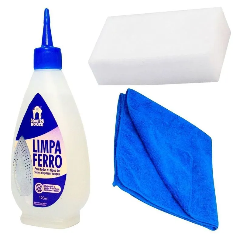 Kit Limpeza De Ferro Passar Roupa Com Pano Azul E Esponja