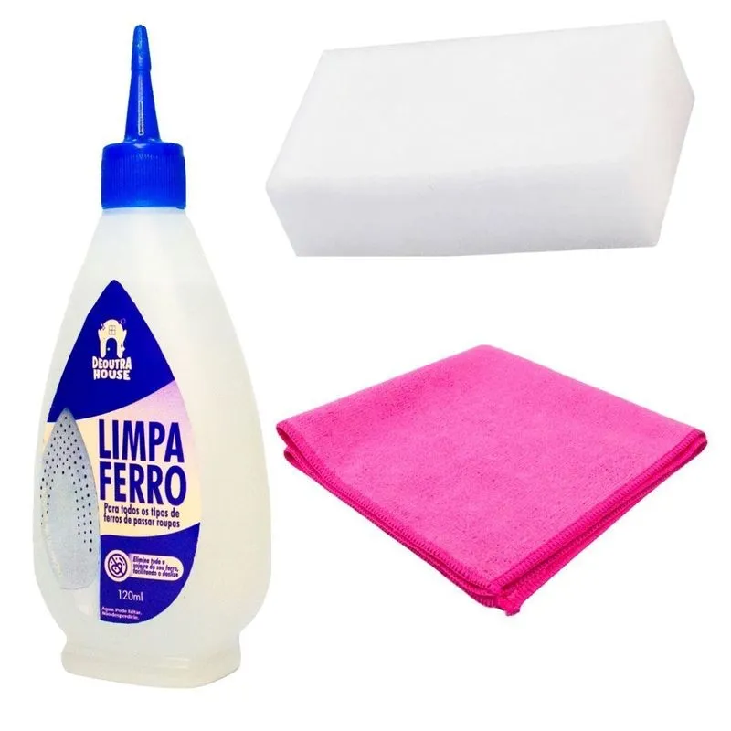 Kit Limpeza De Ferro Passar Roupa Com Pano Rosa E E Esponja