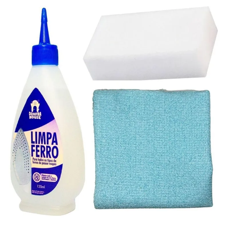 Kit Limpeza De Ferro Passar Roupa Pano Azul Claro E Esponja
