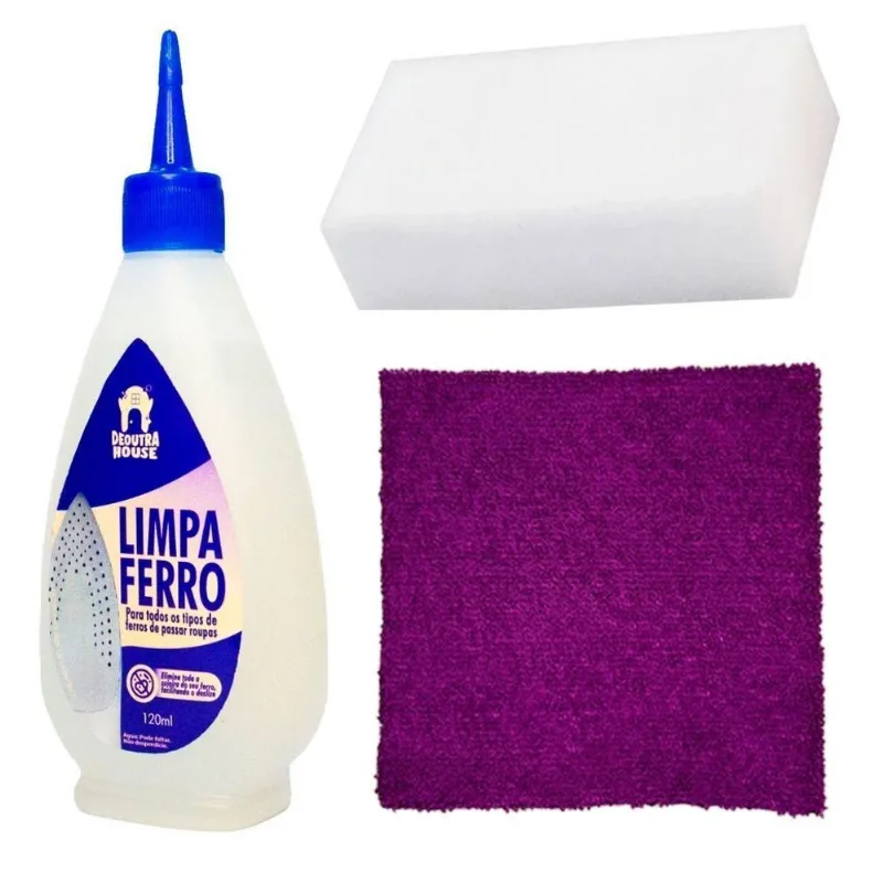 Kit Limpeza De Ferro Passar Roupa Pano Roxo E Esponja