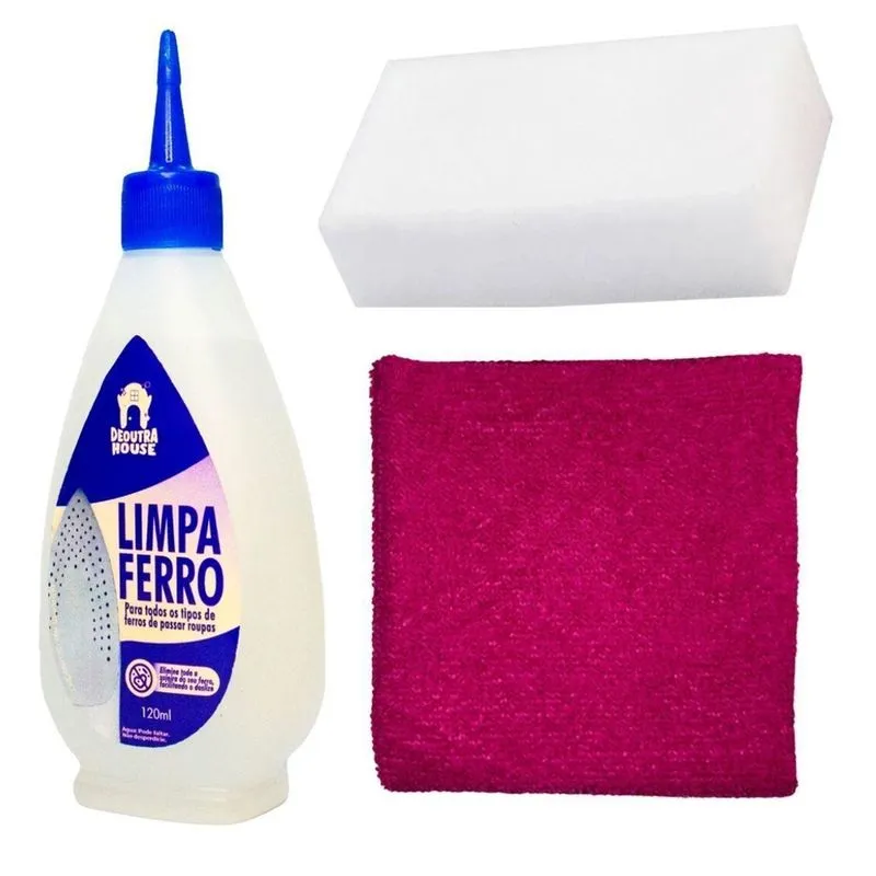 Kit Limpeza De Ferro Passar Roupa Pano Rosa Choque E Esponja