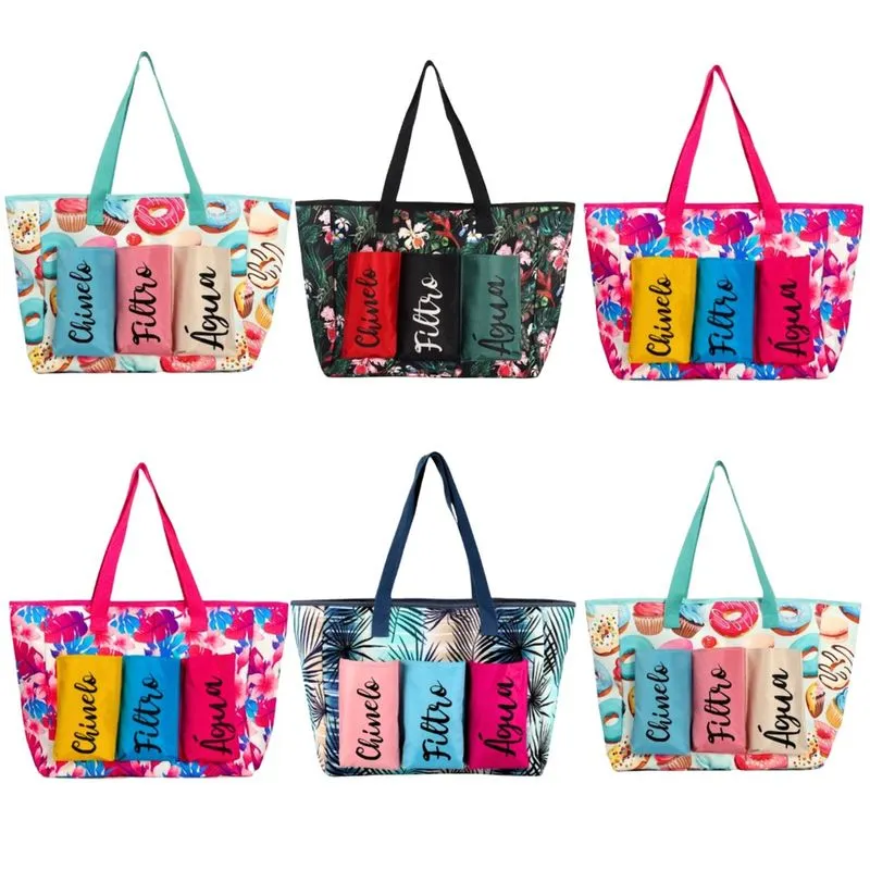 Kit 6 bolsas de praia feminina grande com separação agua chinelo estilosa diversas estampas verão