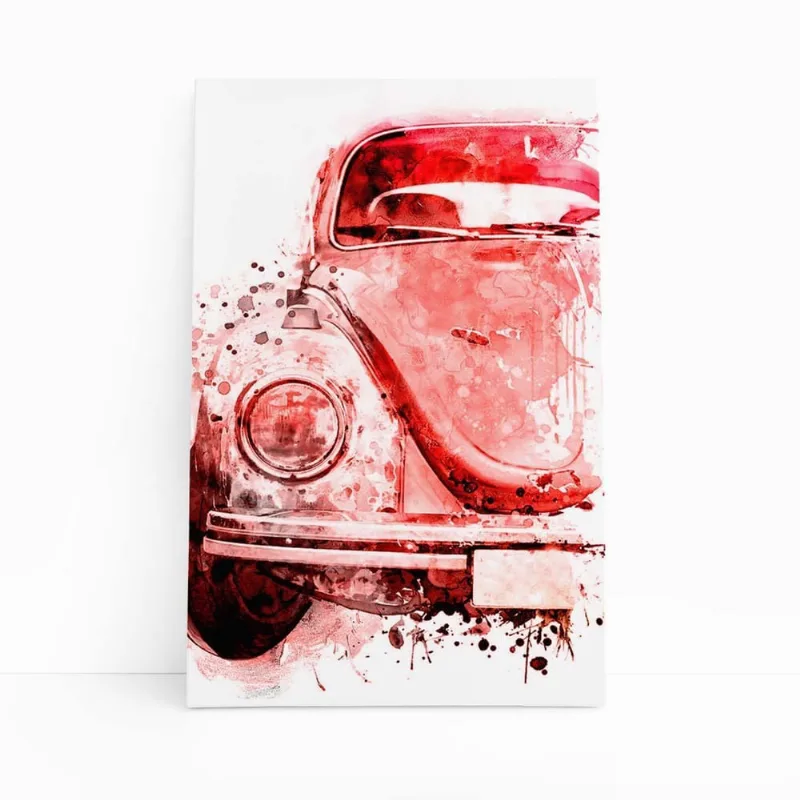 Fusca Arte Aquarela Vermelho Carro Quadro Canvas 60X40Cm